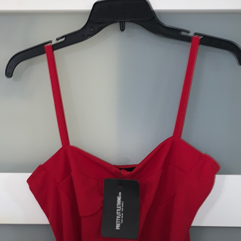 PrettyLittleThing Red Ruffle-Front Spaghetti Strap Mini Dress - Picture 2 of 10